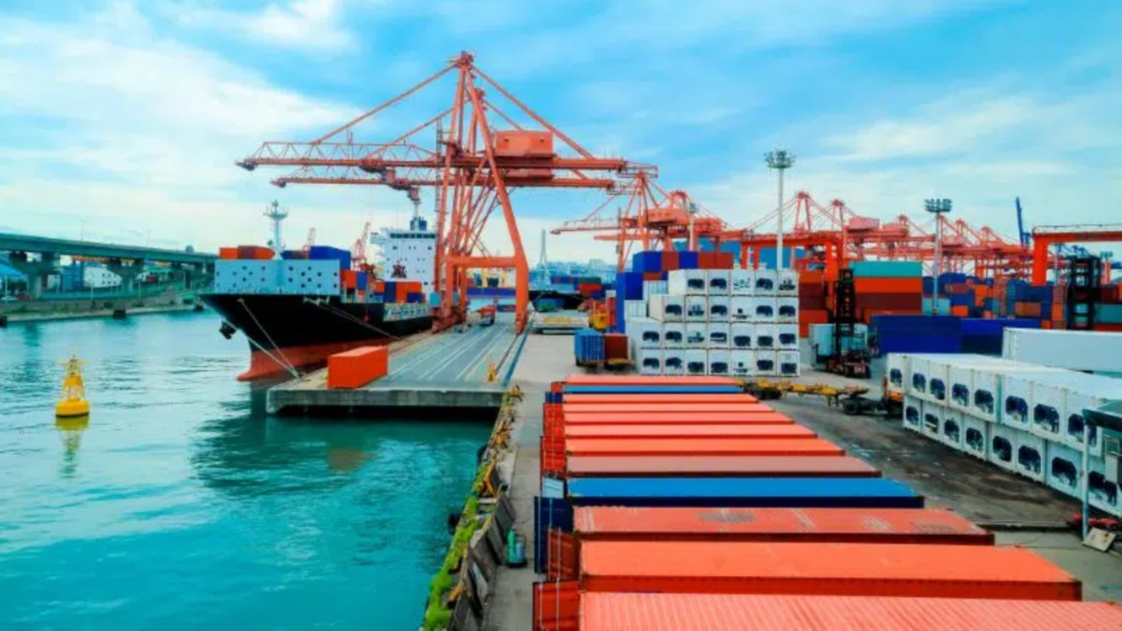 Containers lined up at a port
