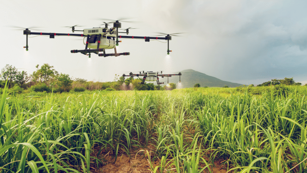 Drone in use in the open farm fields