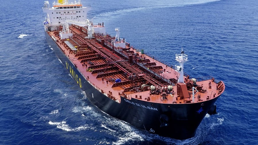 Aerial view of an oil tanker underway at sea