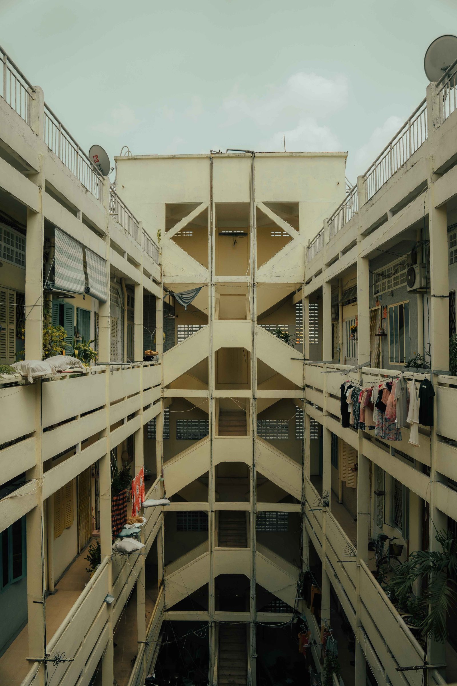 The internal courtyard of a multi-storey accommodation block
